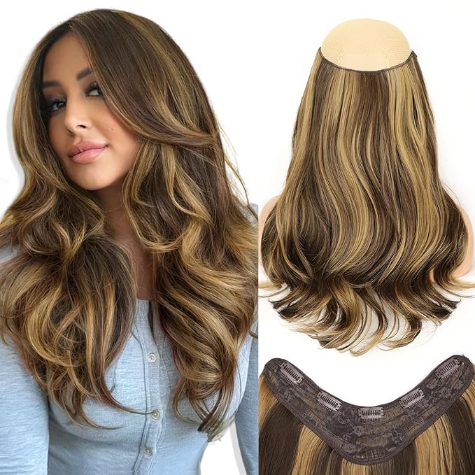 ALXNAN Long Wavy Hair Extensions for Women, Clip in Hair Extensions Clip Ins Soft Full Head Synthetic Hairpieces 16 Inch Balayage Chocolate Brown to Caramel Blonde