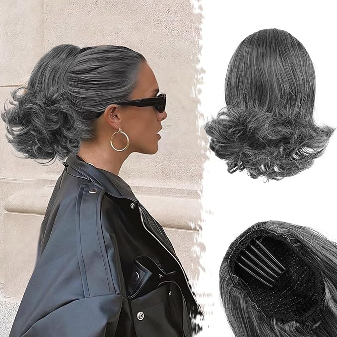 BARSDAR Short Gray Ponytail Extension - 10 Inch Wavy Drawstring Ponytail Hair Extensions for Women - Synthetic Comb Clip in Ponytail Hairpieces Fake Pony Tails Daily - Dark Gray Mixed