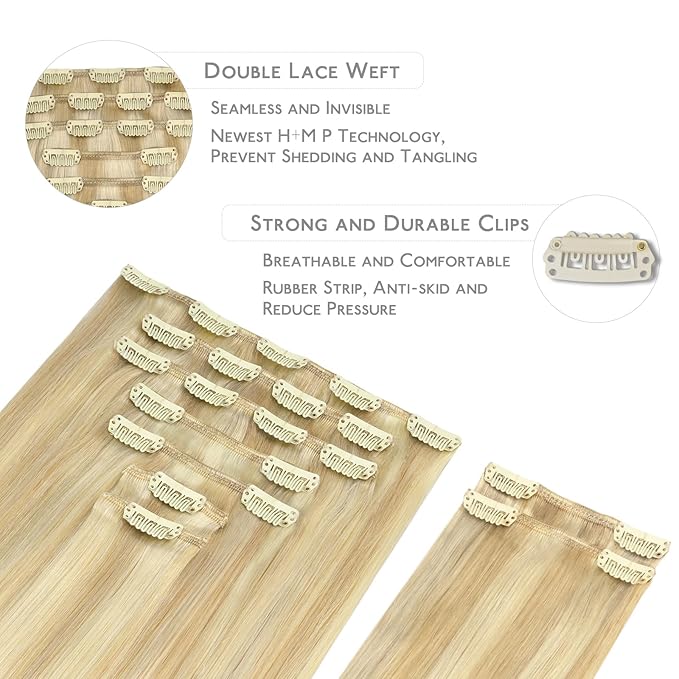 WENNALIFE Clip in Hair Extensions, 150g 22 Inch 9pcs Light Blonde Highlighted Golden Blonde Remy Hair Thicker Double Weft Extensiones De Cabello Humano Con Clip Ins Straight Full Volume