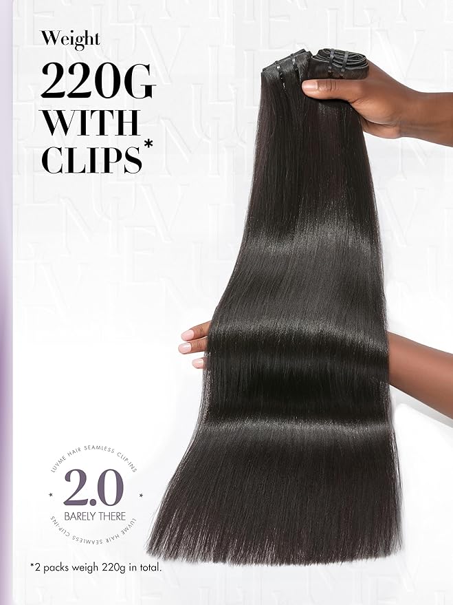 LUVME Invisible Clip in Hair Extensions, Yaki Straight Real Human Hair 22 Inch 2 Pack 220g 12pcs Clip ins Hair Extensions Natural Black for Women