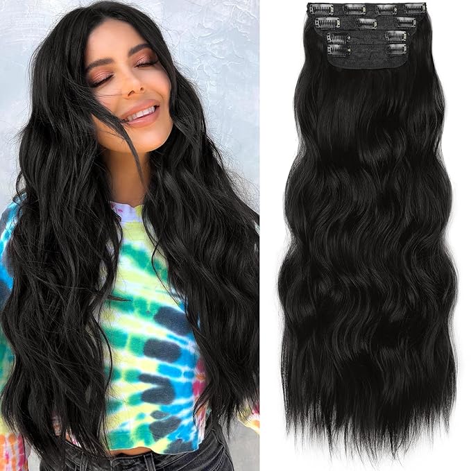 KooKaStyle Clip in Hair Extensions 4PCS Long Wavy Synthetic Dark Black Brown Fiber Double Weft Natural Thick Hairpieces 24Inch for Women
