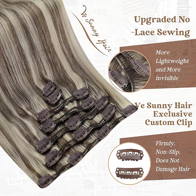 Ve Sunny Real Hair Extensions Clip in Human Hair Light Brown Highlights Platinum Blonde Hair Extensions Clip ins Thick Remy Straight Human Hair for Women 7pcs 120g 18 inch