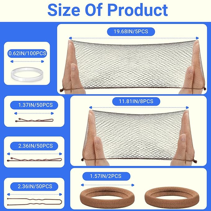 TsMADDTs Bobby Pins and Hair Nets Set, Hair Accessories for Women with Invisible Nets for Ballet Bun(11.81&19.86IN), U Pins for Dance(1.37&2.36IN), Elastic Bands, Clear Rubber Bands