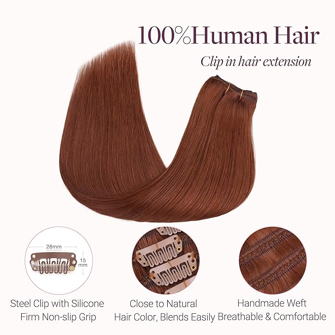 GOO GOO Clip in Hair Extensions Real Human Hair, Remy Human Hair Extensions Clip ins for Women, Natural Human Hair, 22inch 150g 9 Pcs, #33B Dark Auburn Copper