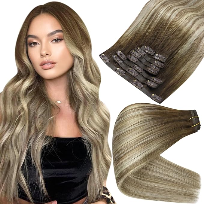 Full Shine Balayage Human Hair Clip in Extensions Brown Ombre Clip in Hair Extension Light Brown Mix Blonde Invisible Hair Extension 18 Inch 120 G 8 PCS