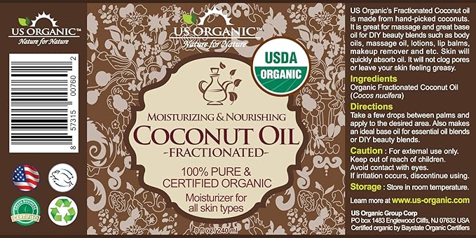 US Organic Fractionated Coconut MCT Oil (Liquid Coconut Oil), USDA Certified Organic, Non-GMO, Perfect for massage, carrier oil for DIY blends, Hair, Skin care. 100% Pure, Hexane-Free (8 oz)