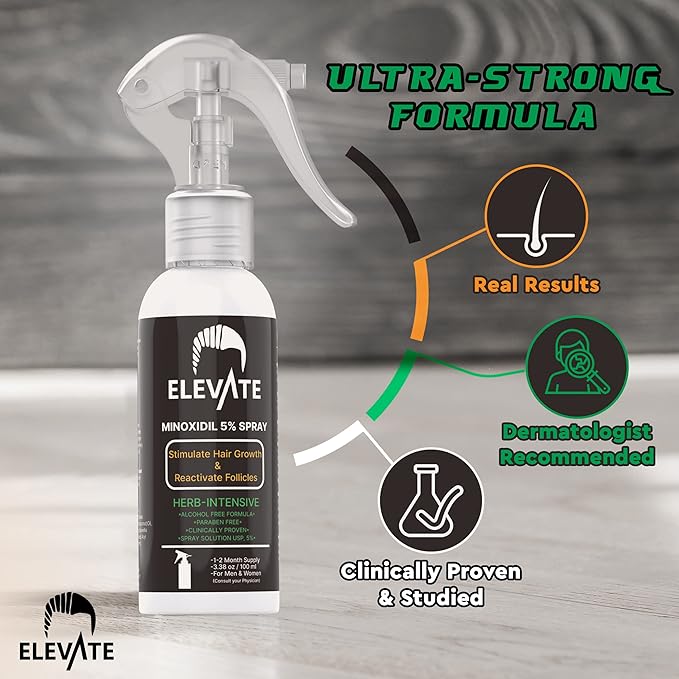 ELEVATE 5% Minoxidil Hair Growth Spray - Alcohol Free Non Oily Formula Extra Strength Professional Treatment for Hair Loss/Regrowth - Stimulate Hair Follicles for Men & Women - 1 Month Supply