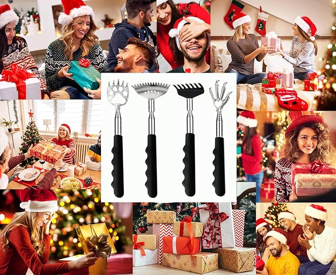 4Pcs Different Back Scratcher Extendable Back Massager Tool with Rubber Handles, Metal Portable Telescoping Back Scratcher, Stocking Stuffers for Men Women Christmas Gift (Black)