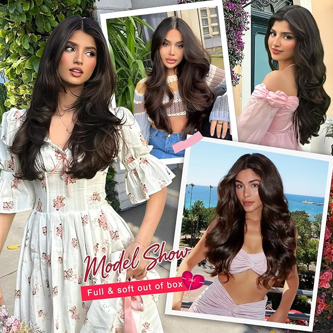ALXNAN Clip in Hair Extensions,Dark Brown Long Wavy Hair Extensions Soft Synthetic Thick Hairpieces for Women 20 Inch
