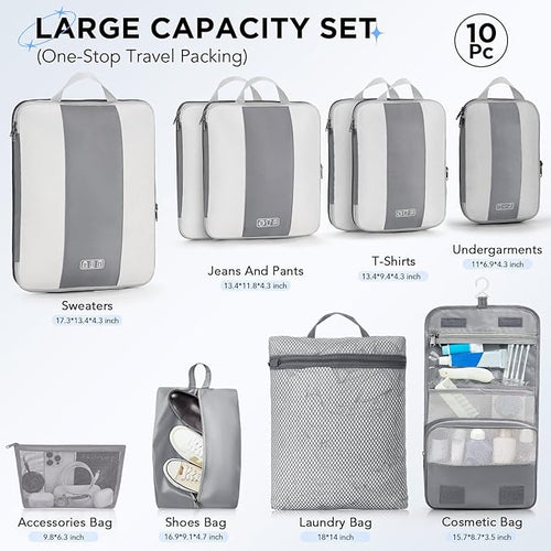 10 Set Compression Packing Cubes for Travel Essentials,Compressible Expandable Packing Cubes for Suitcase,OlarHike Luggage Organizer Bags for Travel,Handy Helper for Organizing Clothes(Gray)