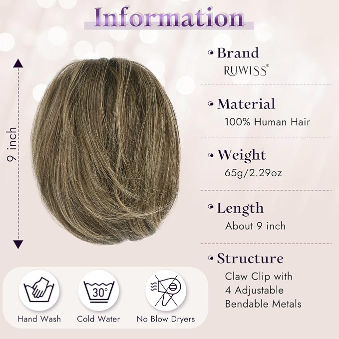 RUWISS Claw Clip Short Human Hair Ponytail Extension with Bendable Metals for DIY Styles Straight Messy Bun Hair Piece for Women Hairpieces for Daily Wear, 9 Inch Dark Brown with Blonde Highlight