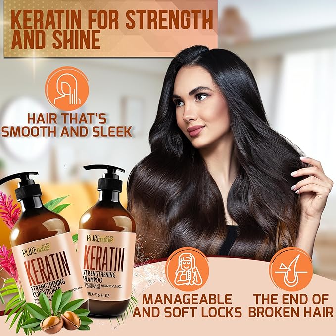 Keratin Shampoo and Conditioner Set - Sulfate and Paraben Free Treatment for Dry Hair - Anti Frizz, Collagen Enriched Formula for Curly or Damaged Hair - Safe for Men and Women with Color Treated Hair