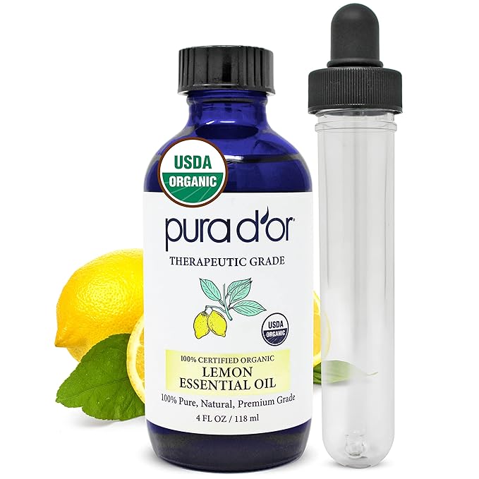 PURA D'OR Organic Lemon Essential Oil (4oz with Glass Dropper) USDA Certified 100% Pure & Natural Therapeutic Grade Diffuser Oil Citrus Scented for Aromatherapy, Mood Uplift, Energy, Focus