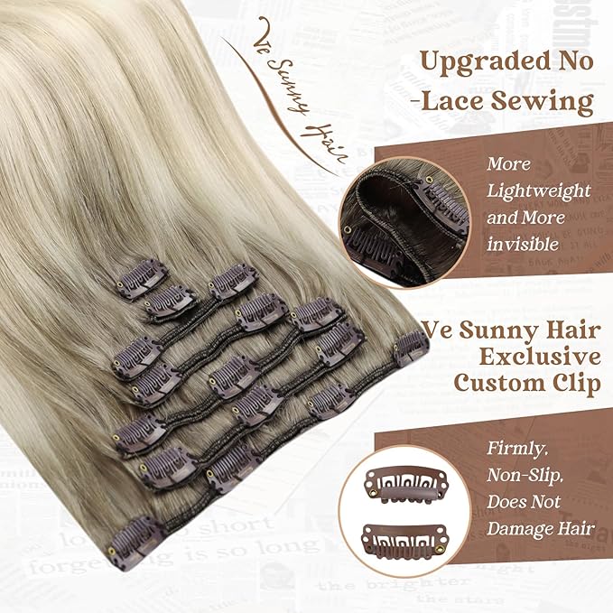 Ve Sunny Real Hair Extensions Clip in Human Hair Ash Grey Balayage Platinum Blonde Hair Extensions Clip ins Ombre Remy Straight Human Hair for Women 7pcs 120g 14 inch