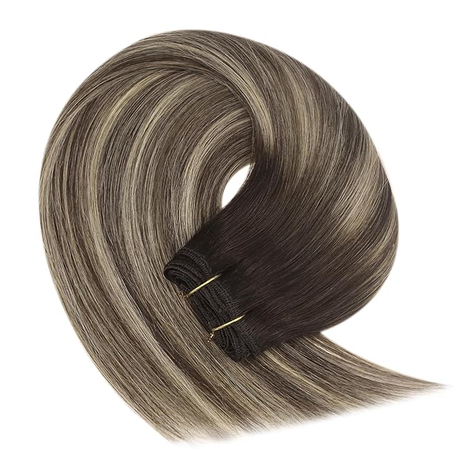YoungSee Sew in Hair Extensions Real Human Hair Balayage Double Weft Hair Extensions Human Hiar Chocolate Brown with Ash Blonde Balayage Straight Hair Extension Sew in 20Inch 100G