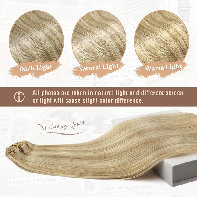 Ve Sunny Clip in Hair Extensions Real Human Hair Dark Blonde Highlights Golden Blonde Human Hair Clip in Extensions Real Human Hair Extensions for Women Thick Hair 7pcs 100g 14 inch