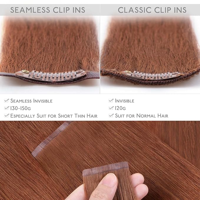 WENNALIFE Seamless Clip In Hair Extensions Human Hair, 12 Inch 80g 7pcs Dark Auburn Copper Real Hair Extensions Clip in Human Hair Invisible PU Skin Weft Natural Remy Hair