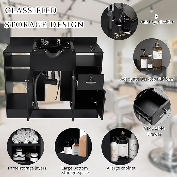 Shampoo Backwash Station for Salons,Salon Station with Shampoo Bowl & Storage Layer, Drawer,10V Outlets, USB Port, Faucet Sprayer, Salon Equipment for Spa Beauty, Black Color