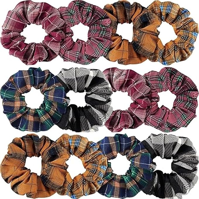 WILLBOND 12 Pcs Plaid Scrunchies for Women Girls Buffalo Plaid Hair Ties Cotton Scrunche Scrunchy Ponytail Holders Hair Accessories(Elegant)