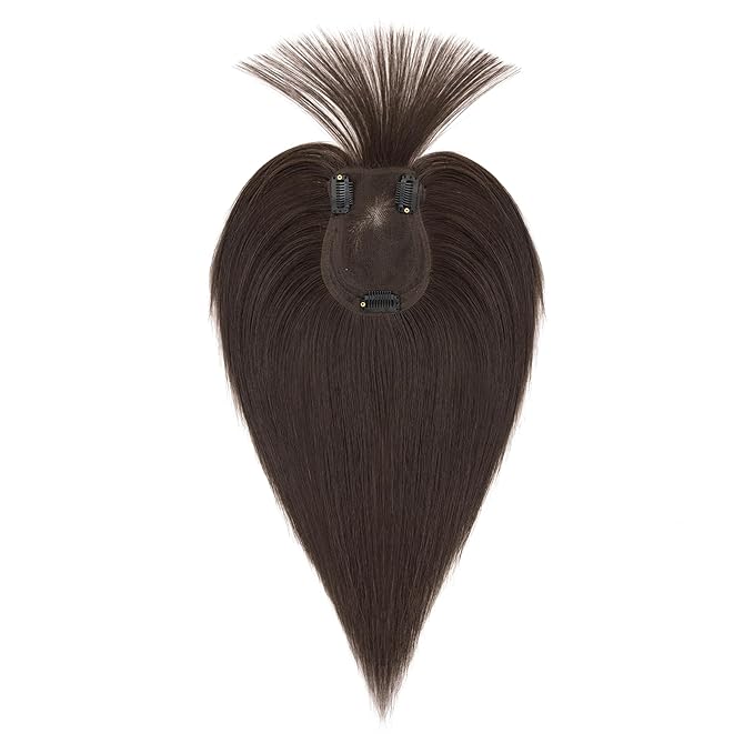 Hairro Human Hair Toppers with Wispy Bangs, 3D 360° Seamless Real Hair Toppers, Hand-Tied with 3.5"x4.7" U-shaped Base, Clip-In Hairpieces to Add Volume on Top, 12 Inch Dark Brown