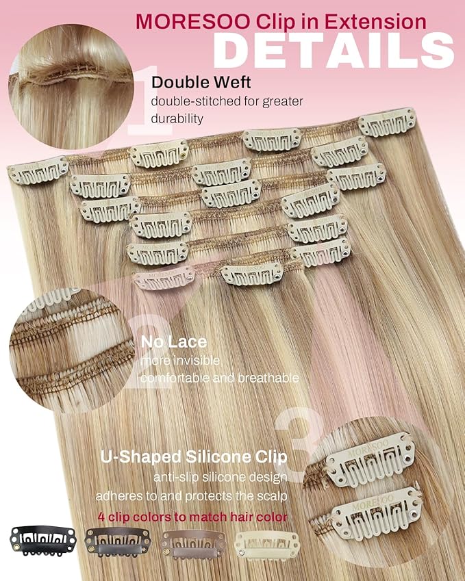 Moresoo Clip in Hair Extensions Remy Double Weft Human Hair Clip in Extensions Straight Hair Extensions for Women Dark Ash Blonde Highlight with Golden Blonde 7pcs 120g 18inch