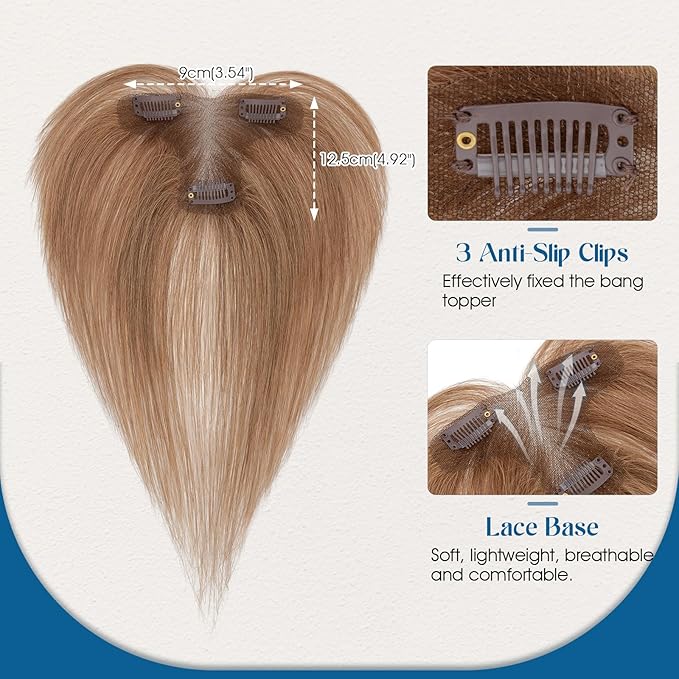 Hair Topper with Side Bangs Human Hair Curtain Bangs Topper for Women,3.54x4.92 T-part Lace Base Real Human Hair Topper Hair Piece for Daily Wear(Side Bangs,Light Brown)