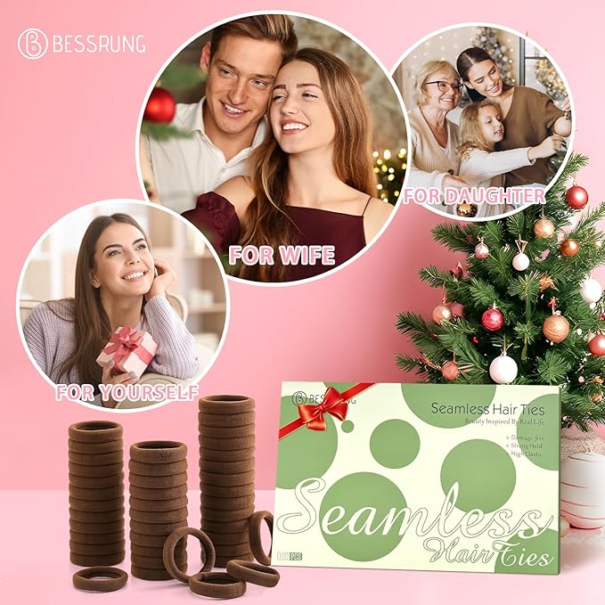 100 Pcs Thick Seamless Hair Ties, Ponytail Holders Hair Accessories No Damage for Thick Hair Christmas Gift(Dark Brown Colors)