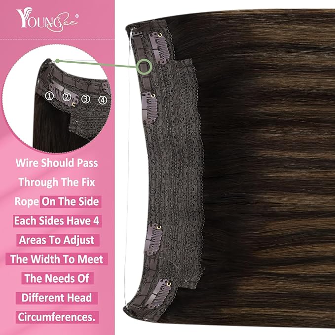 YoungSee Wire Human Hair Extensions Brown Wire Hair Extensions Human Hair Balayage Darkest Brown with Medium Brown Fish Line Hair Extension Real Human Hair 80G 16In