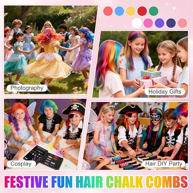 10 Colors Festive Fun Hair Chalk CombsInstant Hair Color Comb,Washable & Temporary Hair Color Dye for All Ages, Hair DIY Perfect for Birthday Party Christmas Gifts New Year
