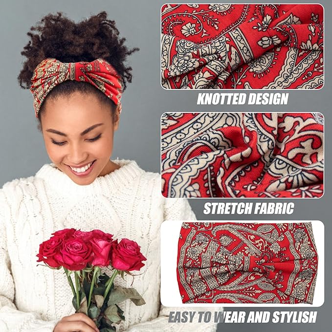 Yeshan Wide Headbands for Women Boho Knotted Head Wraps Turbans Non Slip Bandana Headbands Sport Yoga Workout Stretchy Hair bands,Pack of 6