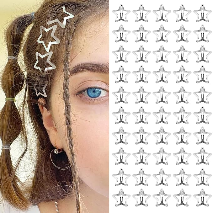 Star Hair Clips 2000s Y2K Snap Hair Barrettes Non Slip Star Hair Accessories Silver Metal Hair Clips for Girls Women -50 PCS 1.18"
