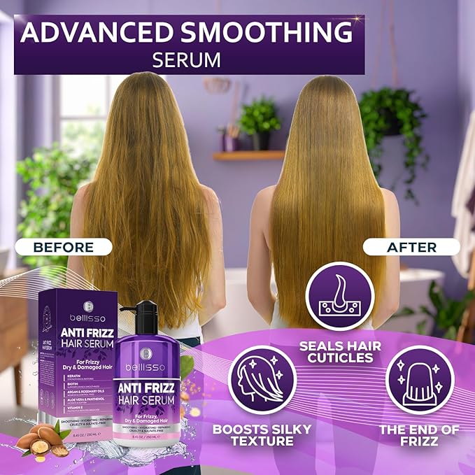BELLISSO Anti Frizz Hair Serum for Frizzy and Damaged Hair - Humidity Treatment Control - Styling and Smoothing Products for Women and Men - 8.45 Fl Oz
