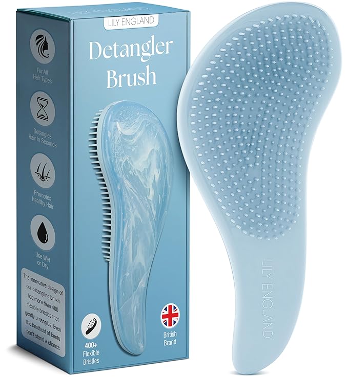 Lily England Detangler Hair Brush for Curly, Thick, Straight & Natural Hair - Gentle Detangling Brush for Women, Kids & Toddlers with Flexible Bristles - Smooth Hairbrush for Wet & Dry Hair, Sky-Blue