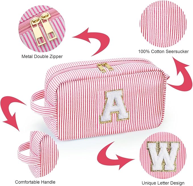 YOOLIFE Teacher Appreciation Gifts for Women - Personalized Birthday Gifts Idea for Women Teacher Best Friend Mom Bridesmaid, Large Initial Pink Makeup Bag, Cosmetic Toiletry Bag Case Make Up Pouch T