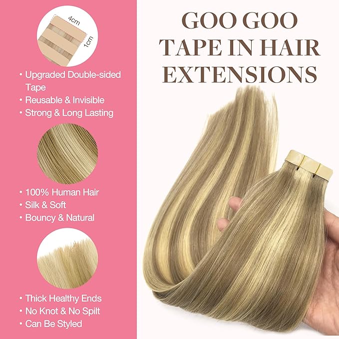 GOO GOO Tape in Hair Extensions Human Hair, 16/22 Light Blonde Highlighted Golden Blonde, 16inch 50g 20pcs, Thick Ends Straight Seamless Tape in, Invisible Tape in Hair Extensions Human Hair