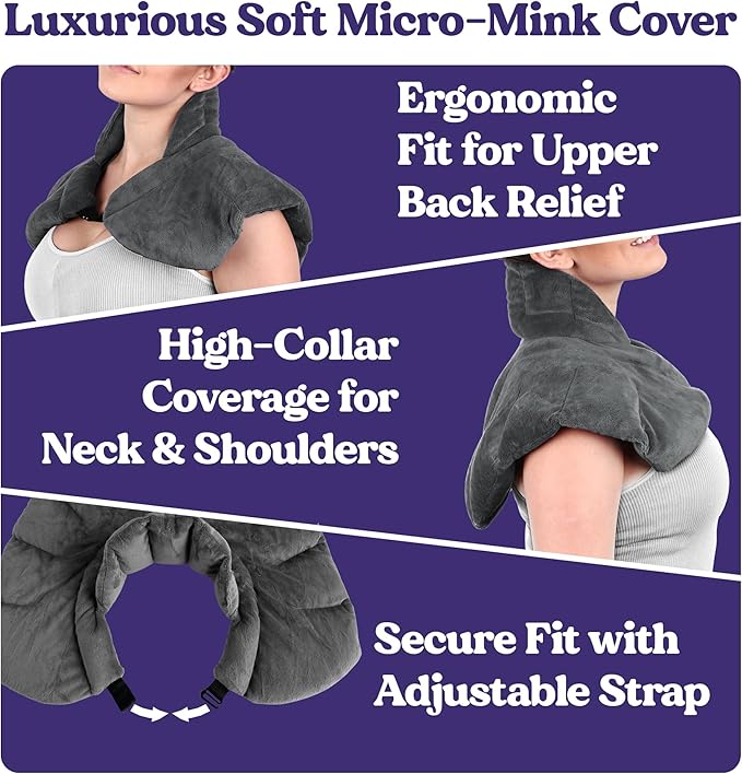 Microwavable Heating Pad for Neck, Shoulders, and Back by Joy & Grace | 5 Lb Weighted Neck & Shoulder Wrap | Moist Heat Therapy Pack for Relaxation and Comfort | Soft Micro-Mink Cover | Scented Gray