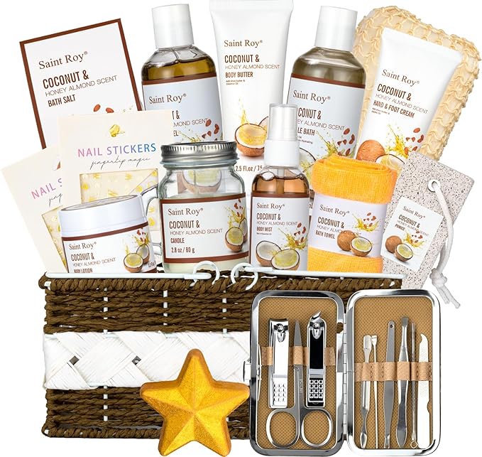 Spa Gift Basket Luxury Bath and Body Basket Set 17-Piece Coconut Honey Almond Christmas Gifts for Women Mom Her Large Luxury Home Spa Kit, Relaxing Self Care Pamper Gifts Birthday Bridal Shower Bath