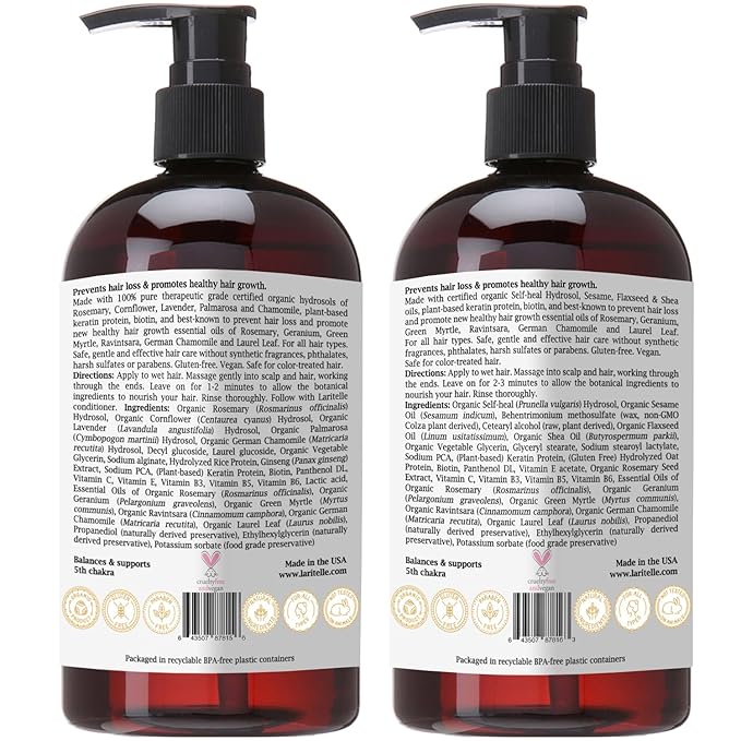 Laritelle Organic Hair Growth Set Silk Velvet | Shampoo 17 oz + Conditioner 16 oz + Hair Loss Treatment 4 oz | Plant-based Keratin Protein + Biotin + Rosemary, Geranium, Chamomile. SLS-free. Vegan. GF