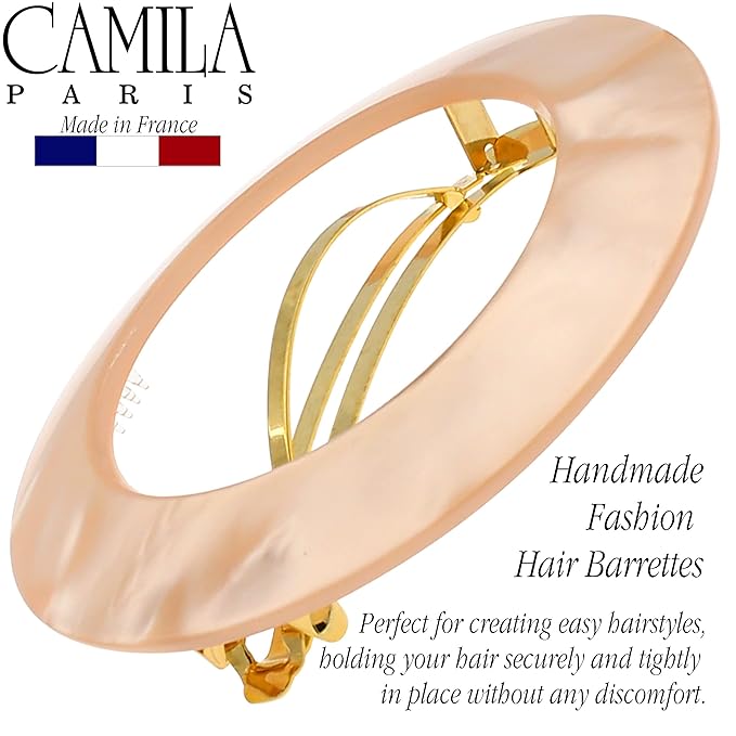 Camila Paris CP3258 French Hair Barrette Clip for Girls, Round Handmade Pink, Strong Hold Grip Hair Clips for Women, No Slip and Durable Styling Girls Hair Accessories, Made in France