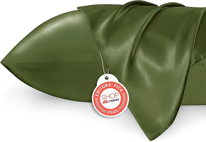 Bedsure Satin Pillowcase 2 Pack Similar to Silk Pillow Cases Standard Size, Pillow Case for Hair with Envelope Closure, Olive Green Room Decor Aesthetic Gifts for Women, Moss, 20x26 Inches, 2pcs