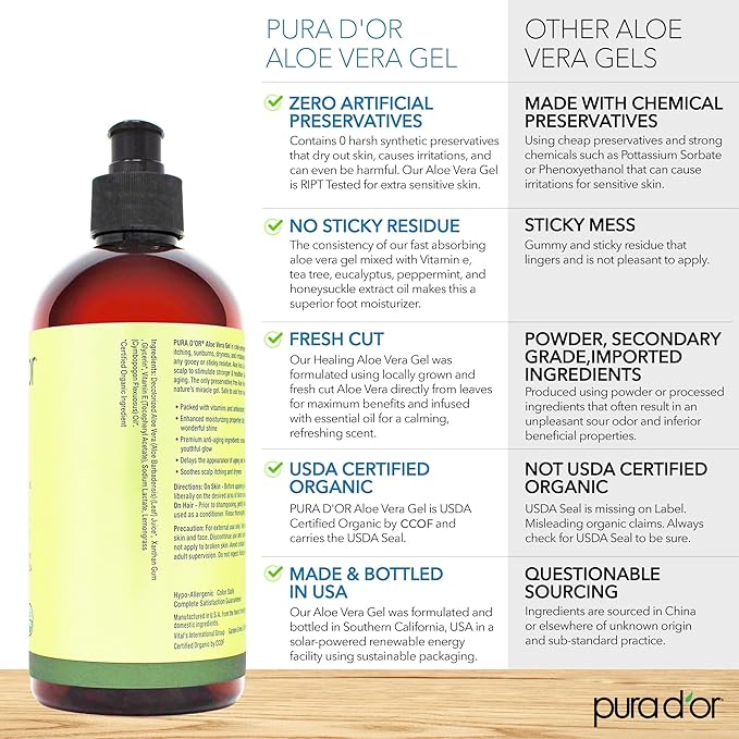 PURA D'OR 16 Oz ORGANIC Aloe Vera Gel - Lemongrass - All Natural - ZERO Artificial Preservatives - Deeply Hydrating & Moisturizing - Sunburn, Bug Bites, Rashes, Small Cuts, Eczema Relief - Skin & Hair