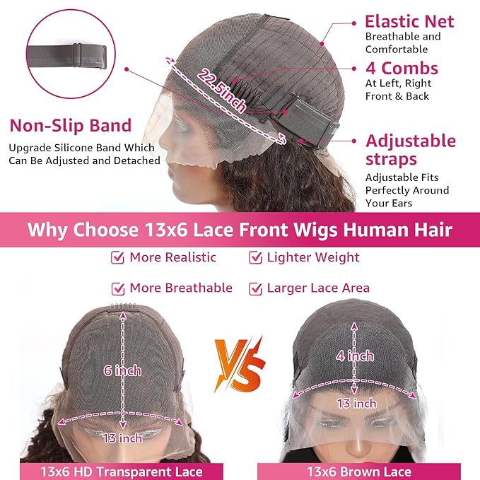 200% Density Chocolate Brown 13x6 Deep Wave Lace Front Wigs Human Hair Curly Wig HD Lace Front Wigs Human Hair Pre Plucked Frontal Wigs Human Hair Glueless Wig For Women (28 Inch)