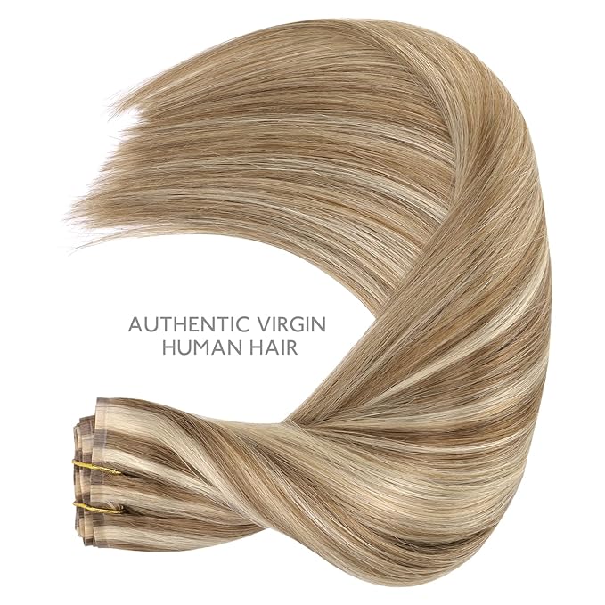 WENNALIFE Seamless Clip In Hair Extensions, 18 Inch 7pcs 130g Ash Brown with Platinum Blonde Highlights Hair Extensions Clip In Real Human Hair Extensions Invisible PU Weft Hair