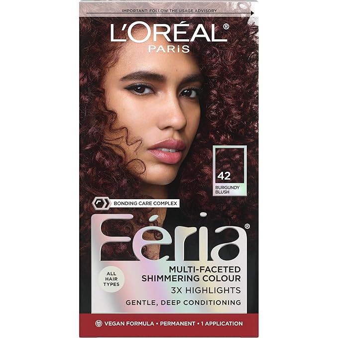 L’Oreal Paris Feria Multi-Faceted Shimmering Permanent Hair Color, High Intensity Hair Dye for 3X Highlights, 42 Burgundy Blush, 1 Hair Dye Kit