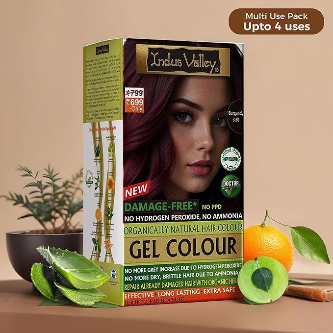 Indus Valley Natural Organic Damage Free Gel Hair Color | Ammonia Free, Vegan & Cruelty Free | Up to 100% Gray Coverage, Long Lasting Results |Burgundy 3.6 (20gram+200ml)