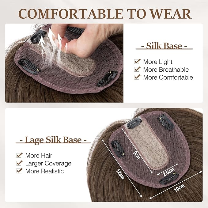 Rich Choices Hair Toppers for Women Real Human Hair 100% Human Remy Toppers NO Bangs for Women with Thinning on Top Clip in Hairpiece 4"x4.7"Lace Base 12 Inch #2R Chocolate Brown
