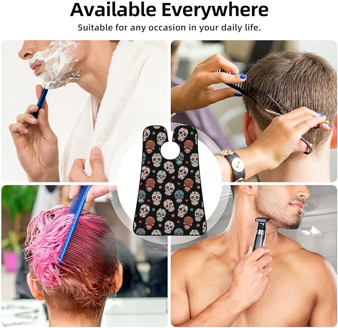 Beard Bib Apron for Men Shaving, Waterproof Non-Stick Hair Catcher with Suction Cups, Grooming Essential for Dad Husband, Day of The Dead Sugar Skull Shave Bib