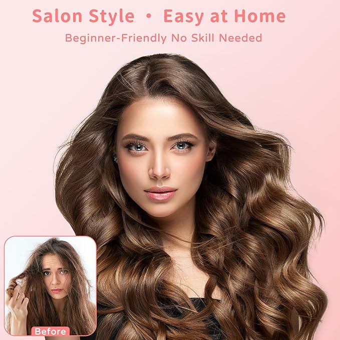Hair Dryer Brush 8-in-1 Dual Voltage Hot Air Styler – Fast-Drying 110,000 RPM Ionic Blow Dryer with Straightener & Curler Attachments, Frizz-Free Volumizing Styler with Protective Hard Case-Pink