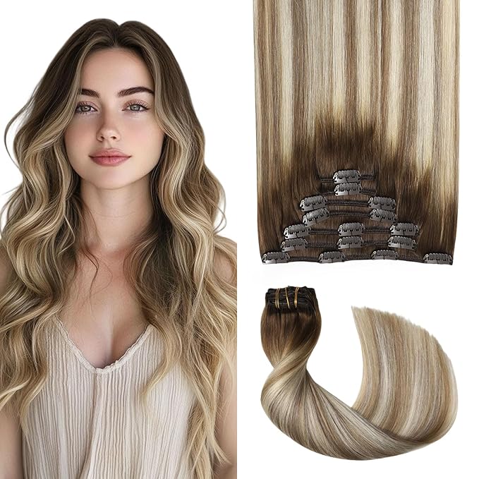 Pro2.0 Remy Real Human Hair Extensions Clip ins 120g Thick 7pcs #3/8/22 Walnut Brown to Ash Brown and Golden Blonde Remy Clip in Hair Extensions Real Human Hair 16inch（#3/8/22-16inch）
