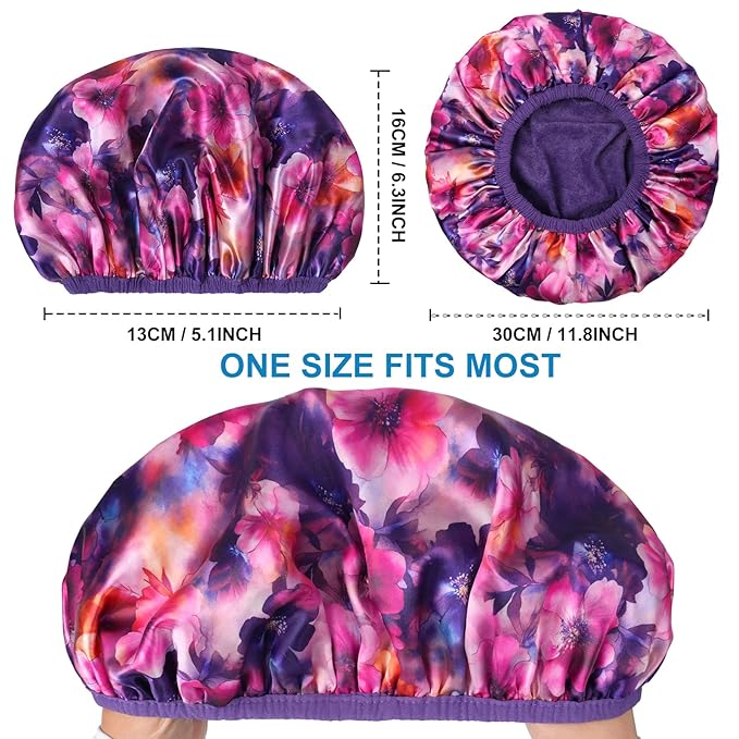 Upgraded Waterproof Terry Shower Caps, Reusable Shower Cap for Women with Long Hair, Soft Absorbent Hair-Protecting Towel Lining Bath Cap, Large Leak-Proof Hair Cap with Fashionable Print Outer-Purple